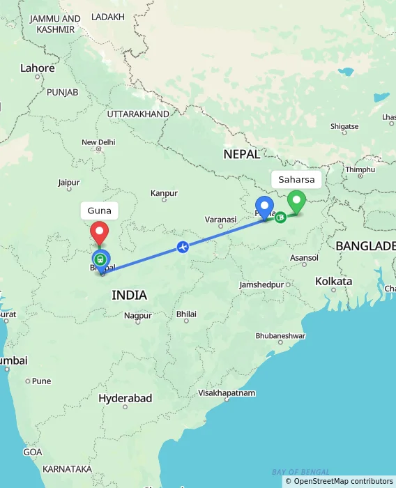Route map showing distance and travel time from Saharsa, India to Guna, India