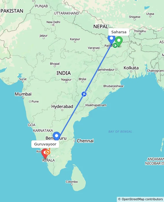 Route map showing distance and travel time from Saharsa, India to Guruvayoor, India
