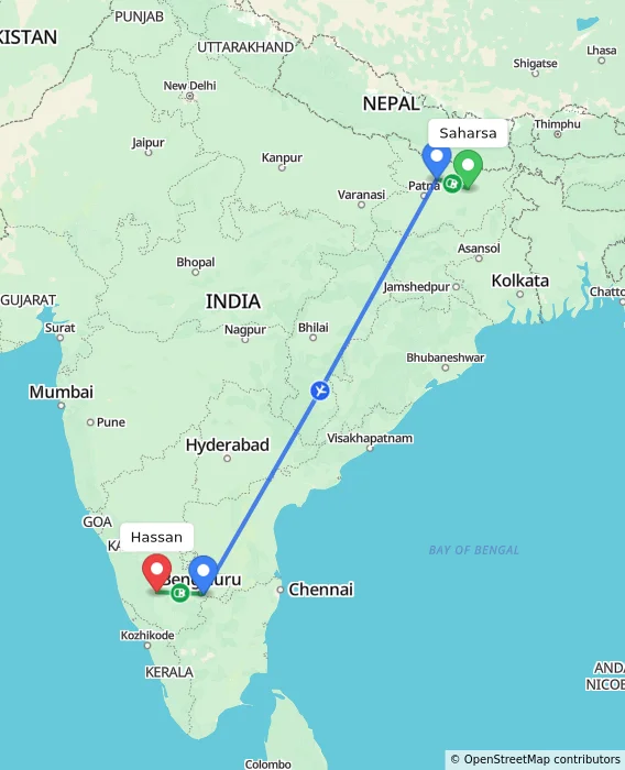 Route map showing distance and travel time from Saharsa, India to Hassan, India