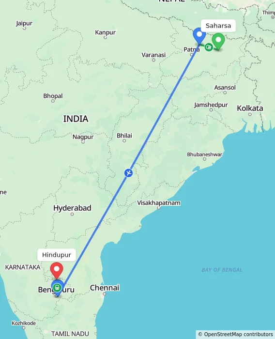 Route map showing distance and travel time from Saharsa, India to Hindupur, India