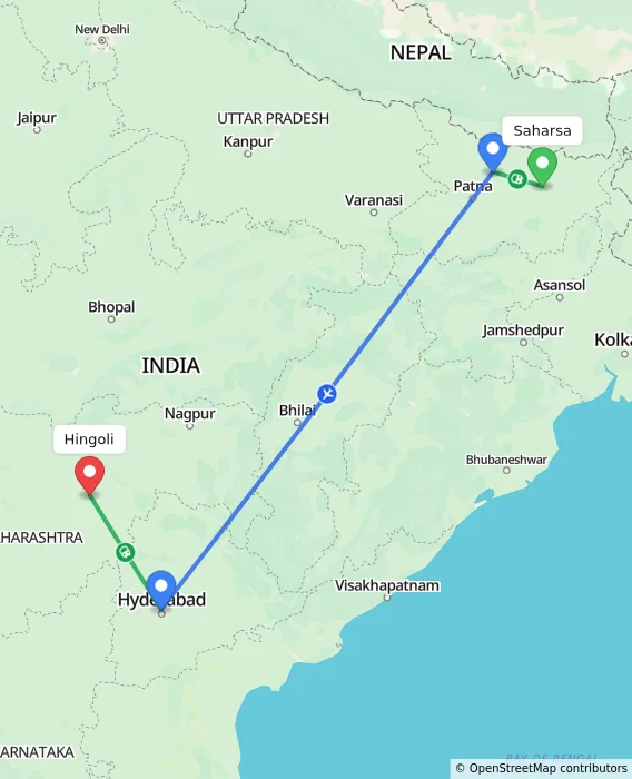 Route map showing distance and travel time from Saharsa, India to Hingoli, India