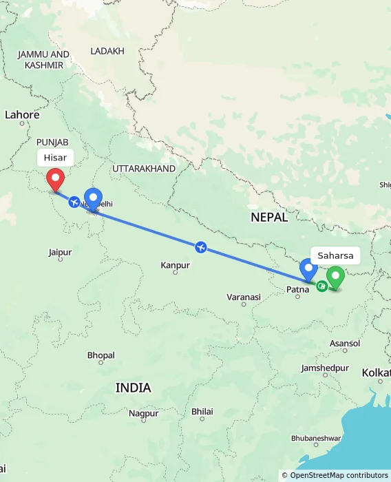 Route map showing distance and travel time from Saharsa, India to Hisar, India