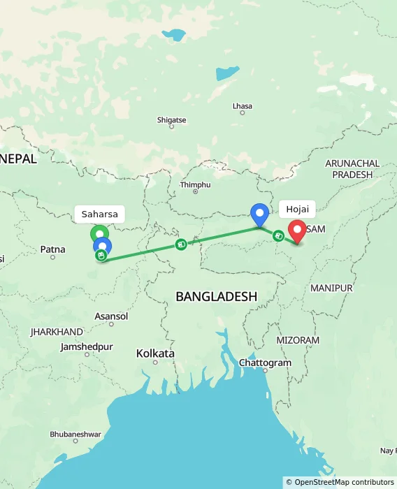 Route map showing distance and travel time from Saharsa, India to Hojai, India