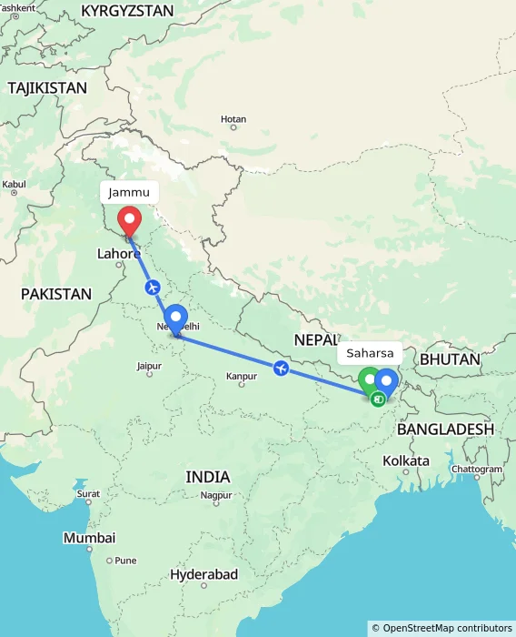 Route map showing distance and travel time from Saharsa, India to Jammu, India