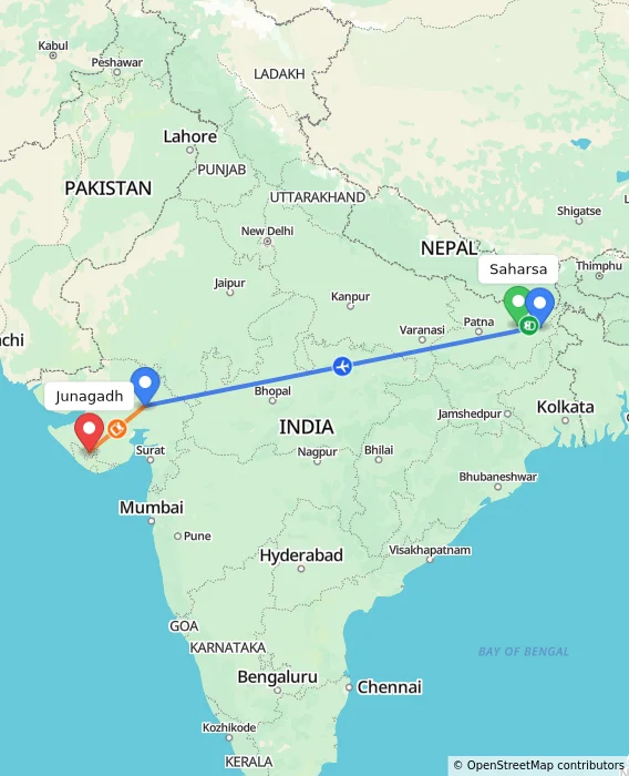 Route map showing distance and travel time from Saharsa, India to Junagadh, India