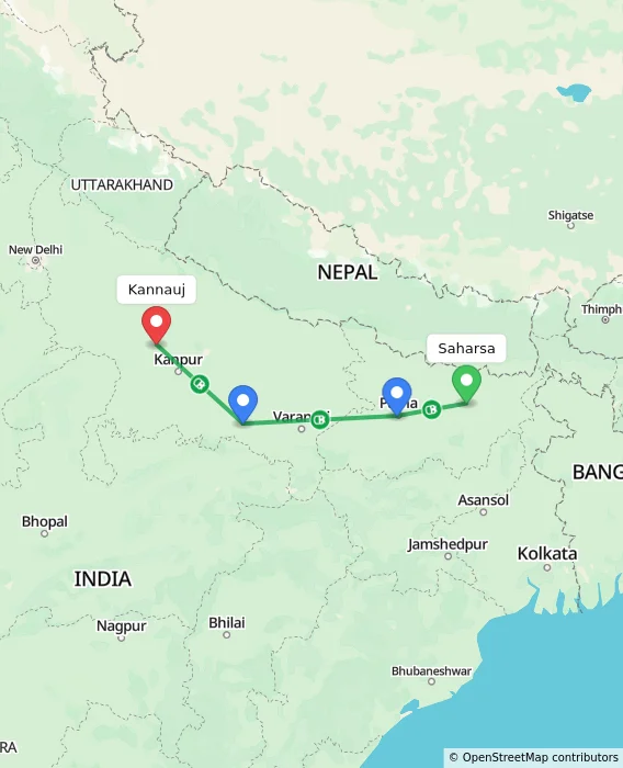 Route map showing distance and travel time from Saharsa, India to Kannauj, India