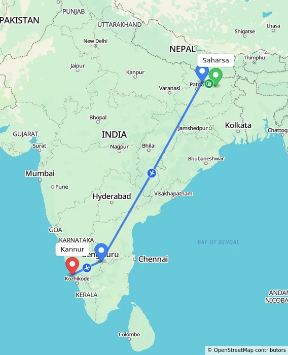 Route map showing distance and travel time from Saharsa, India to Kannur, India