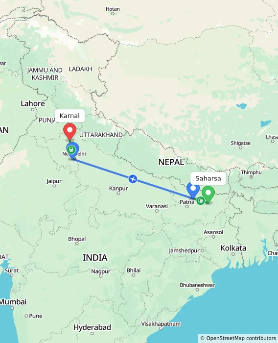 Route map showing distance and travel time from Saharsa, India to Karnal, India