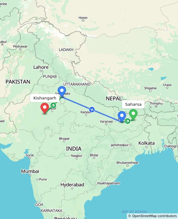 Route map showing distance and travel time from Saharsa, India to Kishangarh, India