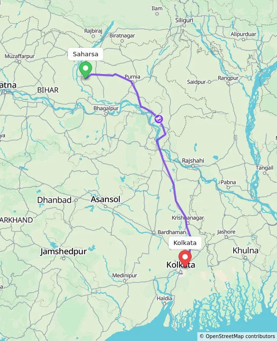 Route map showing distance and travel time from Saharsa, India to Kolkata, India