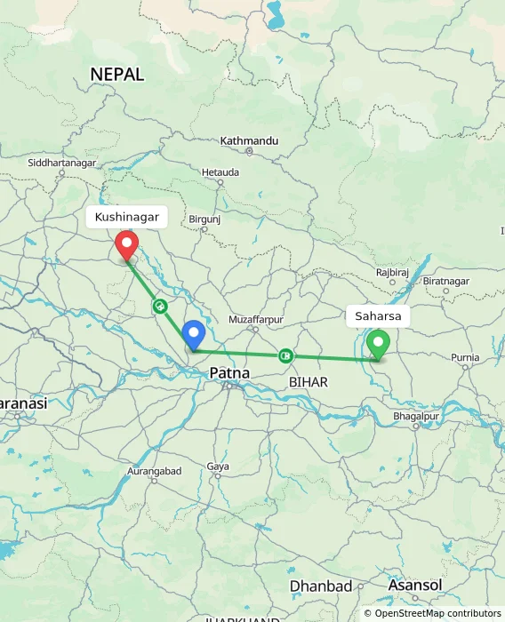 Route map showing distance and travel time from Saharsa, India to Kushinagar, India