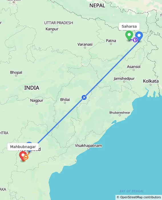 Route map showing distance and travel time from Saharsa, India to Mahbubnagar, India