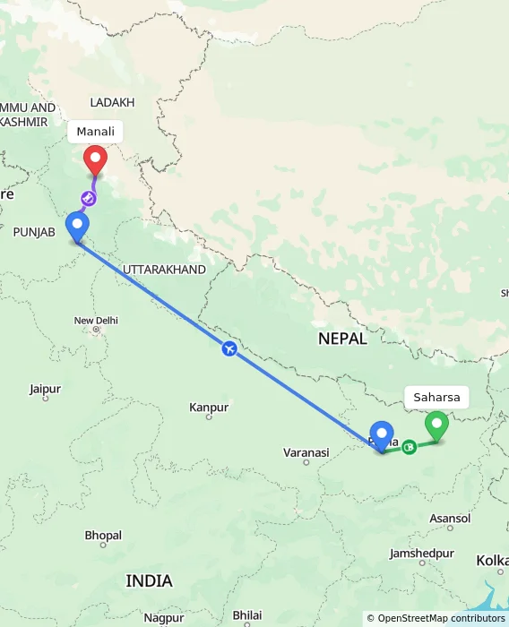 Route map showing distance and travel time from Saharsa, India to Manali, India