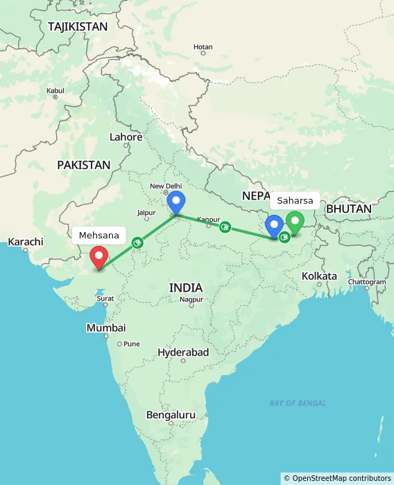 Route map showing distance and travel time from Saharsa, India to Mehsana, India