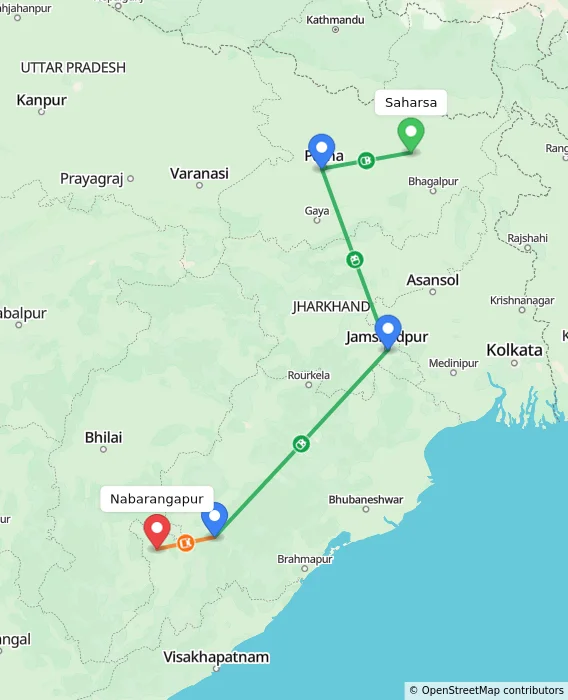 Route map showing distance and travel time from Saharsa, India to Nabarangapur, India