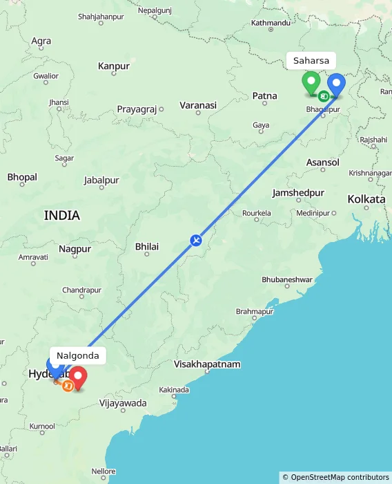 Route map showing distance and travel time from Saharsa, India to Nalgonda, India
