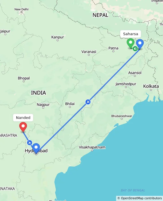 Route map showing distance and travel time from Saharsa, India to Nanded, India