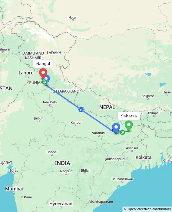 Route map showing distance and travel time from Saharsa, India to Nangal, India