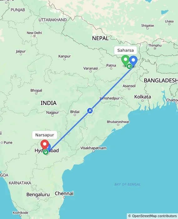Route map showing distance and travel time from Saharsa, India to Narsapur, India