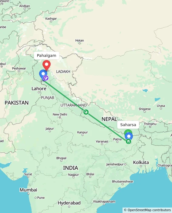 Route map showing distance and travel time from Saharsa, India to Pahalgam, India