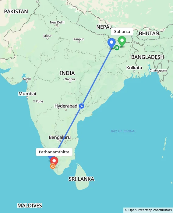 Route map showing distance and travel time from Saharsa, India to Pathanamthitta, India