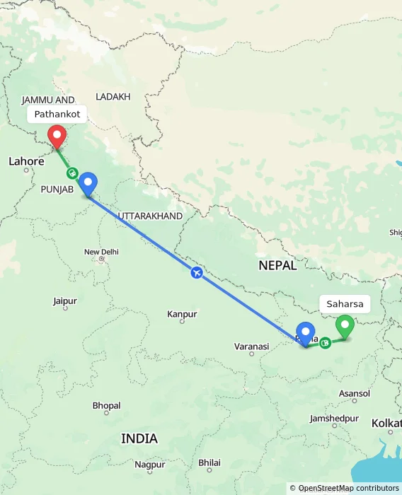 Route map showing distance and travel time from Saharsa, India to Pathankot, India
