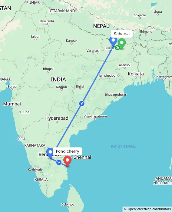 Route map showing distance and travel time from Saharsa, India to Pondicherry, India
