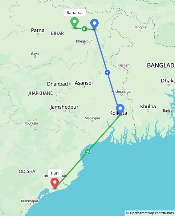 Route map showing distance and travel time from Saharsa, India to Puri, India