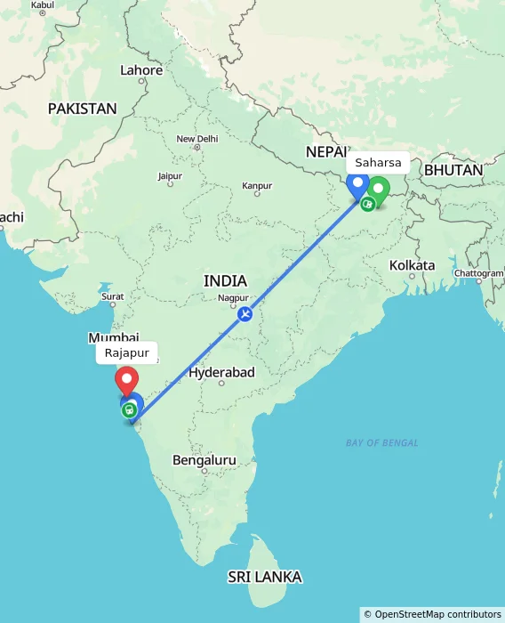 Route map showing distance and travel time from Saharsa, India to Rajapur, India