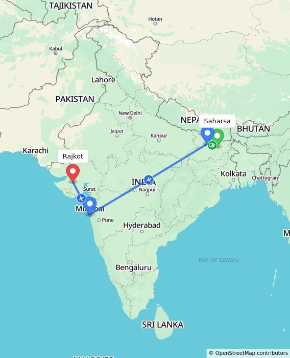 Route map showing distance and travel time from Saharsa, India to Rajkot, India