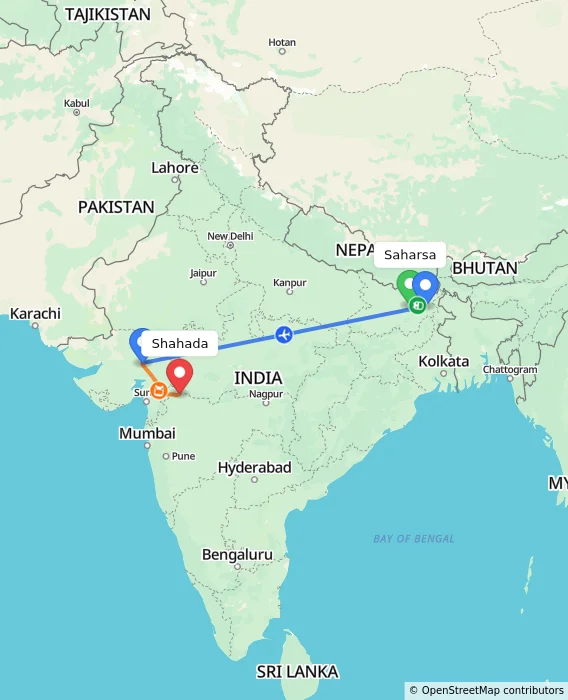 Route map showing distance and travel time from Saharsa, India to Shahada, India