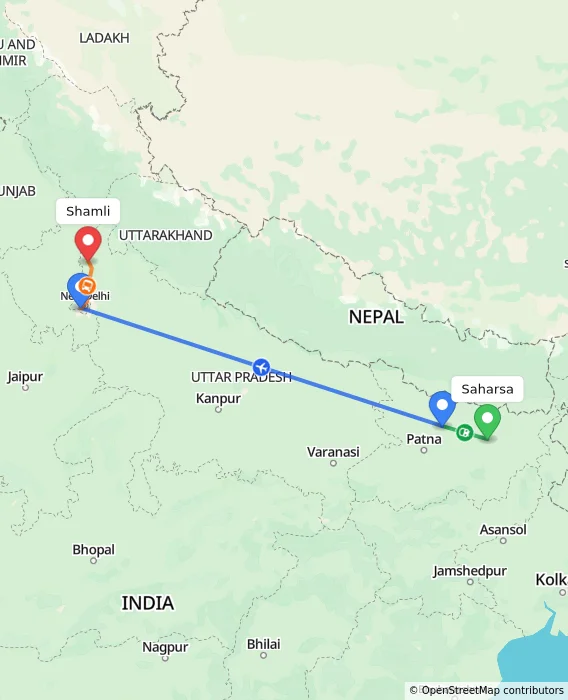 Route map showing distance and travel time from Saharsa, India to Shamli, India