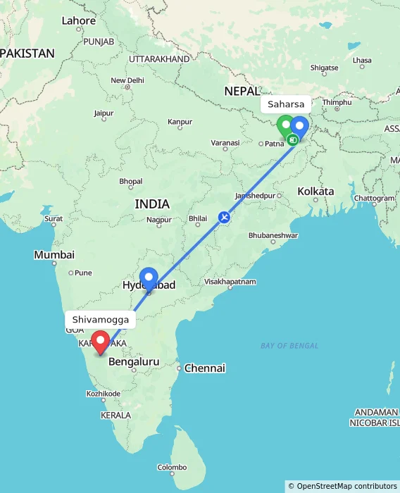 Route map showing distance and travel time from Saharsa, India to Shivamogga, India