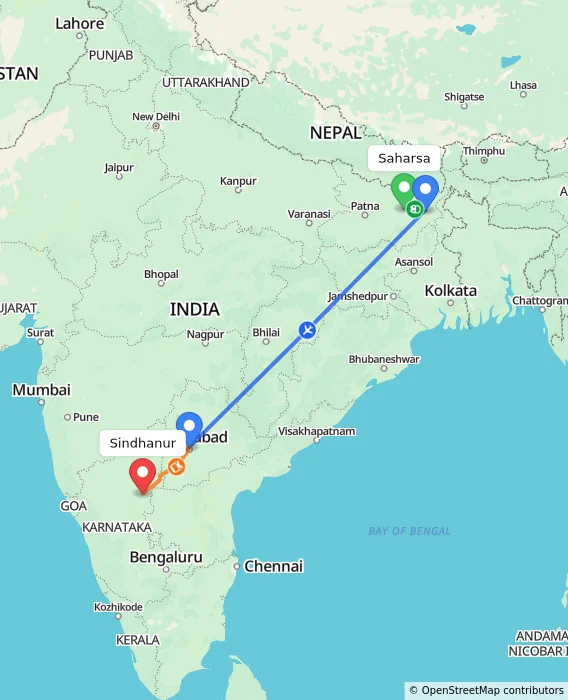 Route map showing distance and travel time from Saharsa, India to Sindhanur, India