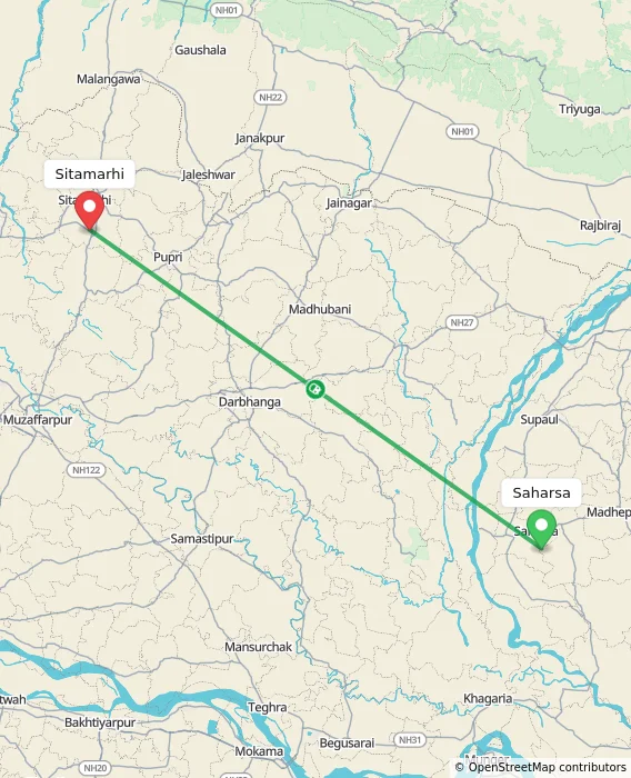 Route map showing distance and travel time from Saharsa, India to Sitamarhi, India