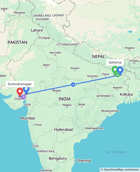 Route map showing distance and travel time from Saharsa, India to Surendranagar, India