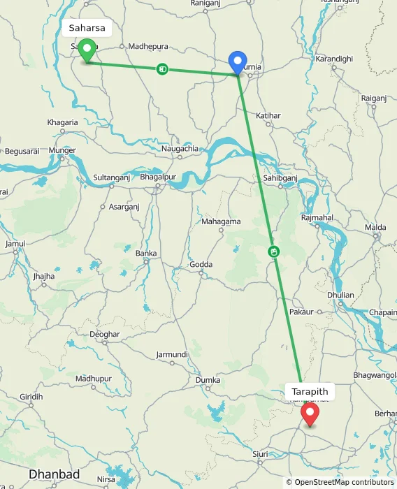 Route map showing distance and travel time from Saharsa, India to Tarapith, India