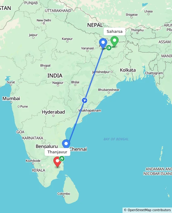 Route map showing distance and travel time from Saharsa, India to Thanjavur, India