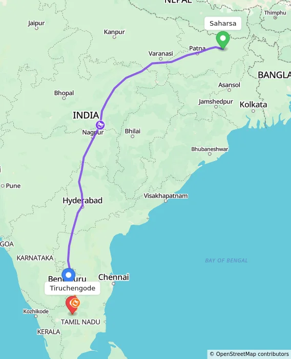 Route map showing distance and travel time from Saharsa, India to Tiruchengode, India
