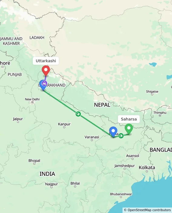 Route map showing distance and travel time from Saharsa, India to Uttarkashi, India