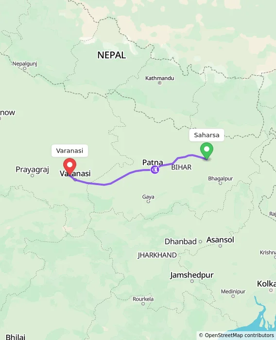 Route map showing distance and travel time from Saharsa, India to Varanasi, India