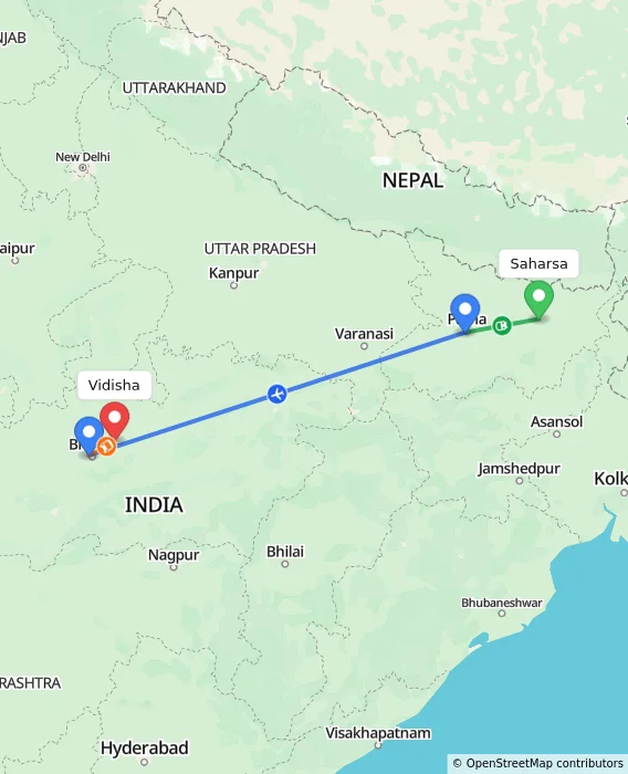 Route map showing distance and travel time from Saharsa, India to Vidisha, India