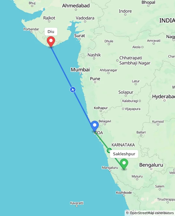 Route map showing distance and travel time from Sakleshpur, India to Diu, India