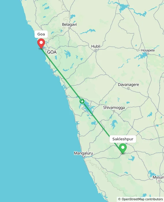 Route map showing distance and travel time from Sakleshpur, India to Goa, India
