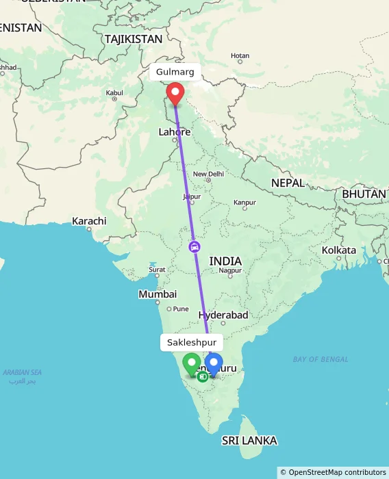 Route map showing distance and travel time from Sakleshpur, India to Gulmarg, India