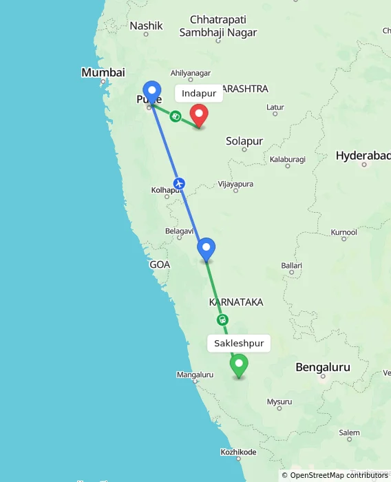 Route map showing distance and travel time from Sakleshpur, India to Indapur, India
