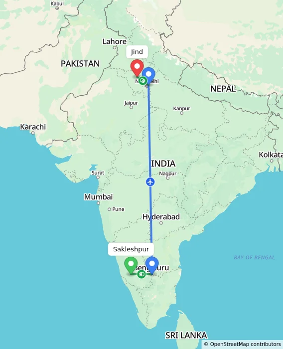 Route map showing distance and travel time from Sakleshpur, India to Jind, India