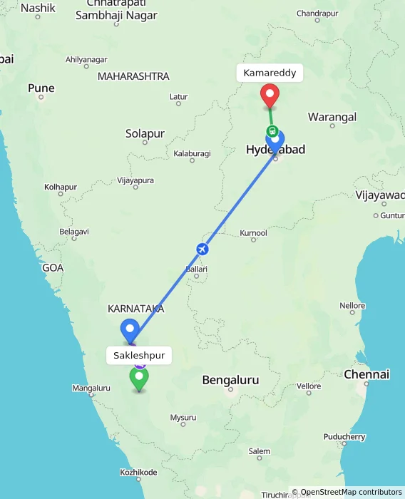 Route map showing distance and travel time from Sakleshpur, India to Kamareddy, India