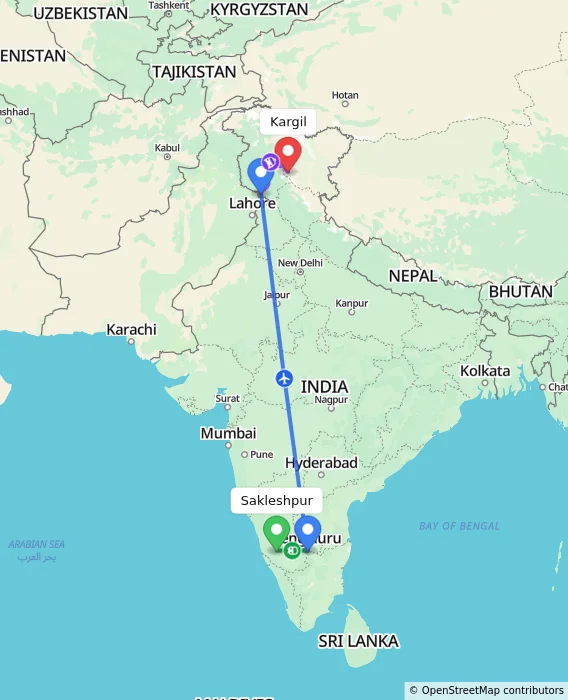 Route map showing distance and travel time from Sakleshpur, India to Kargil, India