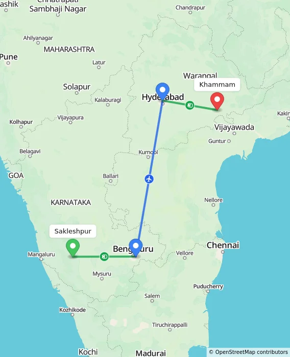 Route map showing distance and travel time from Sakleshpur, India to Khammam, India